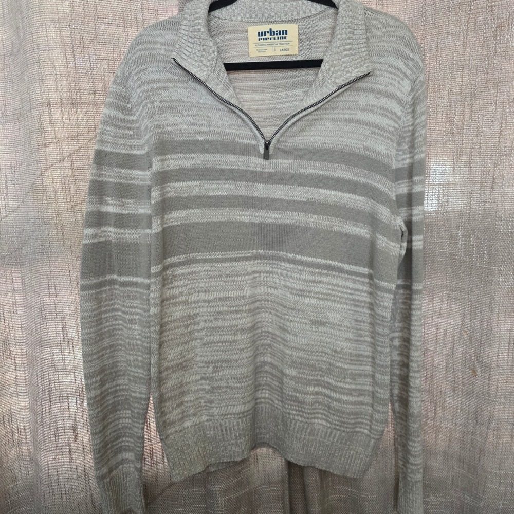 Urban Pipeline Mens Large Gray Striped Quarter Zip Pullover Knit Sweater Mock L